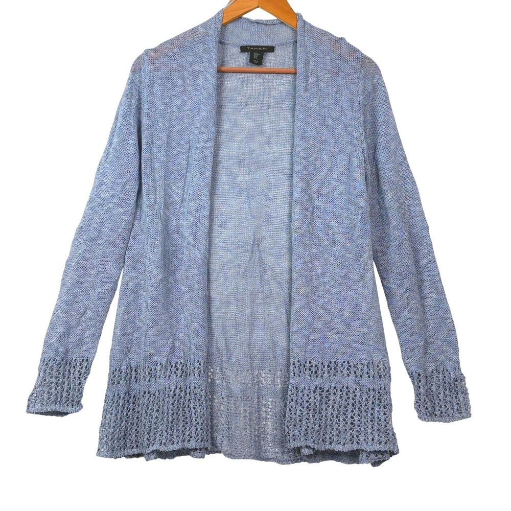 Tahari Women Linen Cotton Crochet Open Cardigan Sweater Sz M  Blue Lightweight